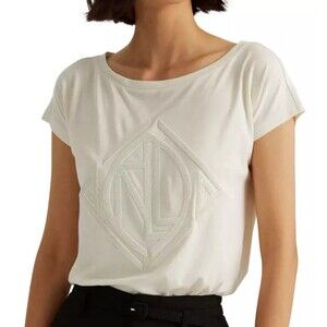 Ralph Lauren Sequined Art Deco Cotton Blend TShirt In Winter Cream Size XL